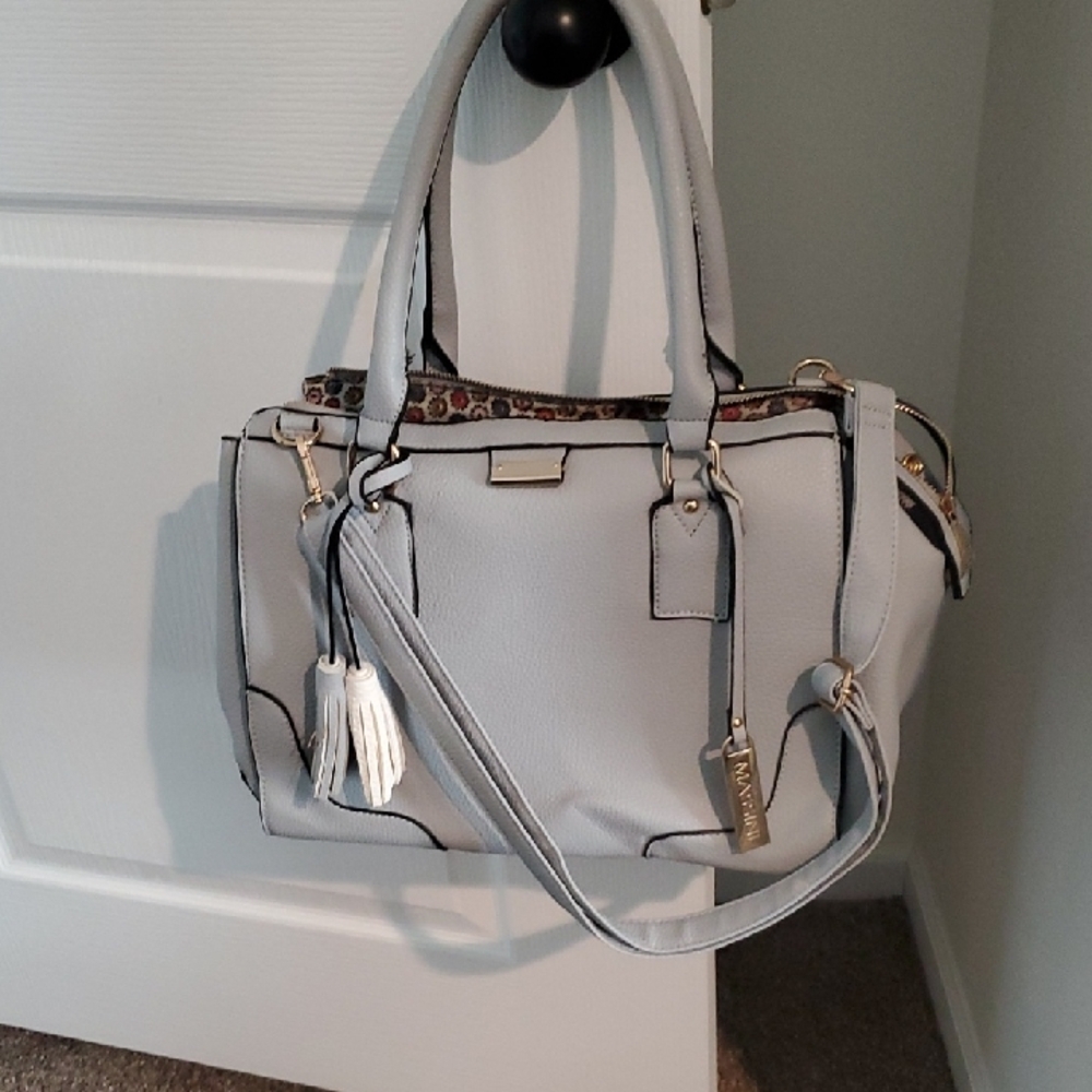 Massini Pale Gray Pebbled Satchel with Tassel Trim